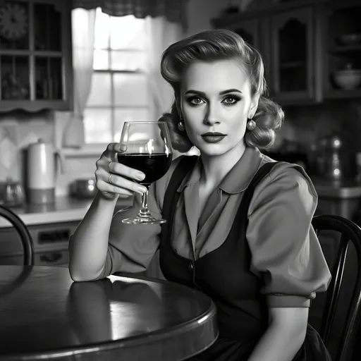 Prompt: A black and white photograph of Scarlet Johansson sitting at a vintage kitchen table, sipping a glass of red wine, (1940s era fashion), warm, inviting atmosphere, soft lighting casting gentle shadows, retro kitchen decor in the background, cozy and nostalgic feel, elegant hairstyle, expressive facial features, (ultra-detailed), (photorealistic) style capturing the charm of the decade.