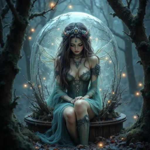 Prompt: A young gothic style female (sat inside a snow globe), enshrouded by a dark, mysterious forest, ethereal mist swirling around, an intricate glass design reflecting her somber expression, cool tones and muted colors dominate the scene, surreal ambiance, playful yet haunting, ultra-detailed fantasy art with high contrast shadows.