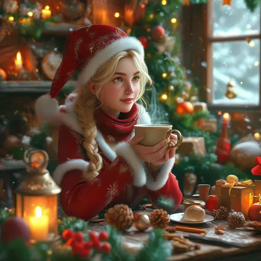 Prompt: Photorealistic (Santa's workshop scene), a beautiful female elf, sitting elegantly, sipping a steaming cup of hot chocolate, cozy atmosphere, warm lighting, festive decorations, surrounded by colorful gifts, vibrant hues of red and green, gentle snow falling outside, whimsical and cheerful ambiance, detailed facial features, wearing a charming holiday outfit, ultra-detailed, captivating illustration.