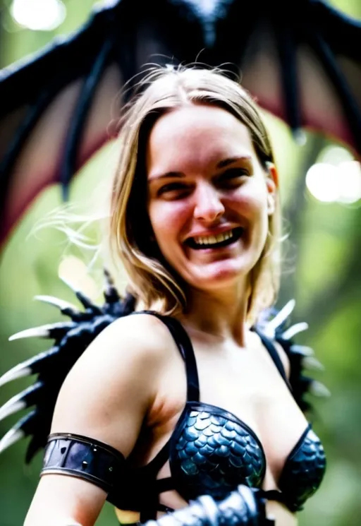 Prompt: A beautiful woman, skimpy clear armor,bokeh,holding a sword,large black dragon wings, smile 
