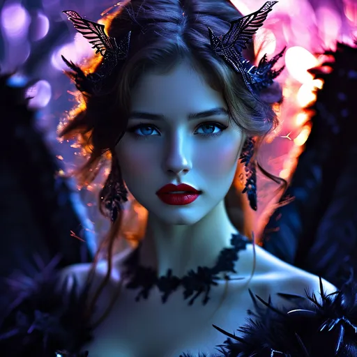 Prompt: (ethereal scene) female angel with delicate wings, showing a bittersweet expression, combined with (vampiric elements) visable fangs and a faint crimson mark, luminous halo tinged with deep purple and red, surrounded by a shadowy forest background with ethereal Aurora Borealis, dramatic contrast of dark and light, mystical ambiance, (highly detailed) HD image capturing emotional depth and elegance.