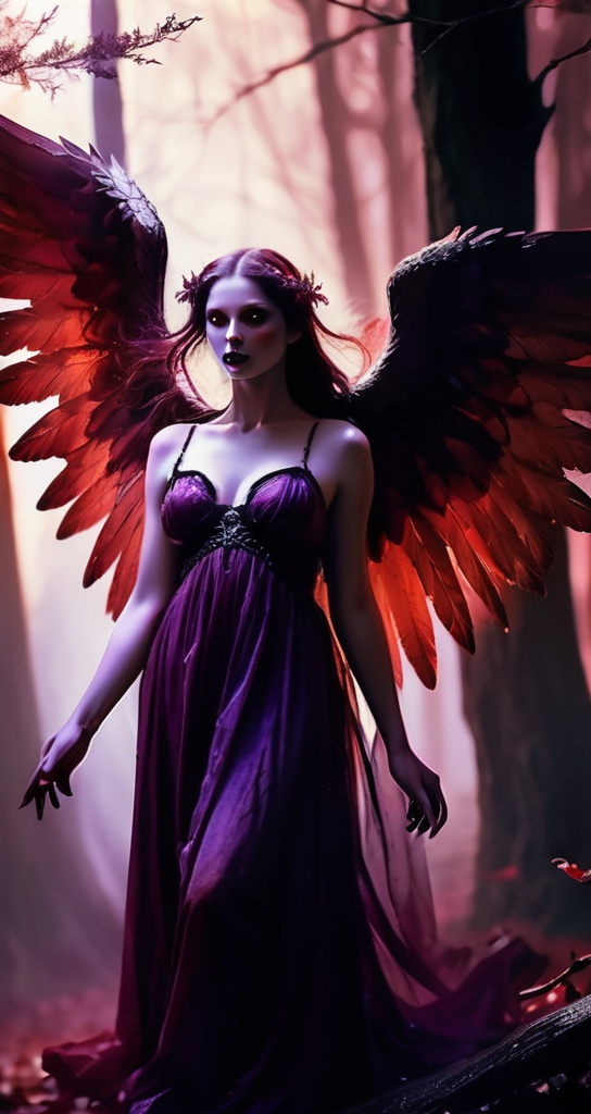 Prompt: (ethereal scene) female angel with delicate wings, showing a bittersweet expression, combined with (vampiric elements) visable fangs and a faint crimson mark, luminous halo tinged with deep purple and red, surrounded by a shadowy forest background with ethereal light, dramatic contrast of dark and light, mystical ambiance, (highly detailed) HD image capturing emotional depth and elegance.