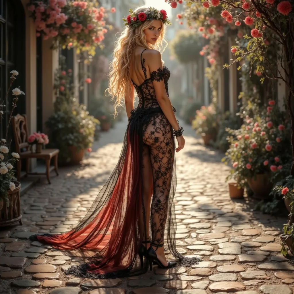 Prompt: 
A (beautiful woman) dressed in an exquisite (gothic-style lace basque), set against a detailed daylight street scenery, illuminated by soft sunlight, with romantic shadows casting across the cobblestones, enveloped in a serene yet captivating atmosphere, with elegant floral motifs in the background, high quality, ultradetailed, showcasing artistic finesse.