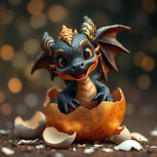 Prompt: (cute baby dragon breaking free from an egg), vibrant colors, black and gold tones, whimsical and enchanting atmosphere, joyful and playful vibe, high-detail scales glistening, partially cracked egg shells scattered, magical twinkling light background, high-quality 4K, fantasy theme, charming creature, sweet expression, capturing the moment of freedom