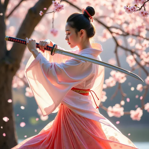 Prompt: (4K), ethereal scene of a beautiful Japanese woman, fluid motion as she practices her sword skills, (sheer silk kimono) flowing gracefully, intricate patterns in soft pastels, serene outdoor setting under a gentle cherry blossom tree, light filtering through petals creating a dreamy atmosphere, capturing elegance and strength, (ultra-detailed) representation of traditional Japanese martial arts.