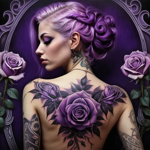 Prompt: (woman with tattoos, purple background), (rose on shoulder and back), (gothic art), (highly detailed), photorealistic, digital painting, (Anne Stokes style), ethereal atmosphere, striking contrasts of deep purples, intricate details on tattoos and roses, a sense of mystique and elegance, soft shadows enveloping the figure, ultra-detailed, exquisite texture, captivating visual art.