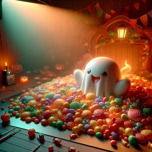 Prompt: (cute ghost), whimsical atmosphere, surrounded by a colorful (candy pile), vibrant hues of red, orange, yellow, and green, soft lighting creating a warm glow, playful expressions, enchanting background of a Halloween theme, ultra-detailed, capturing a joyful and fun mood, high-quality illustration