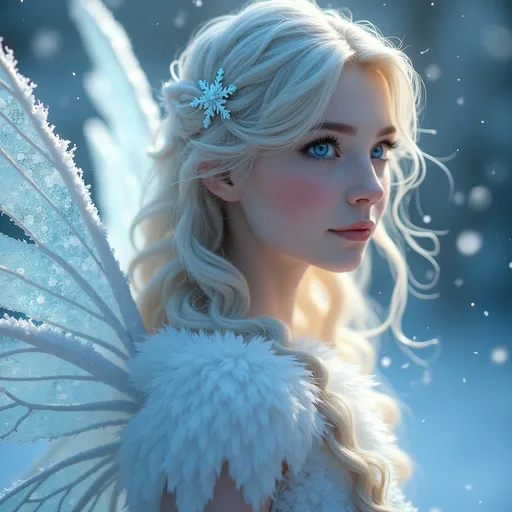 Prompt: (realism style), (beautiful snow fairy), enchanting expression, delicate features, flowing hair, intricately designed wings, surrounded by magical snowflakes, ethereal glow, cool color palette, soft blues and whites, winter atmosphere, serene ambiance, softly lit with a mystical light, 4K, ultra-detailed, capturing the essence of winter magic.