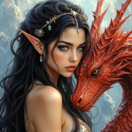 Prompt: Prompt: The image features a beautifully ethereal scene depicting a young woman with strikingly long,light black hair,styled in a braid adorned with delicate gem elements.She has a serene expression and is positioned beside a majestic red dragon, whose head rests gently against hers, emphasizing a deep connection between them.The dragon is vividly detailed, showcasing scales and piercing eyes that bring it to life. oil, wet acrylic, blue mountains background