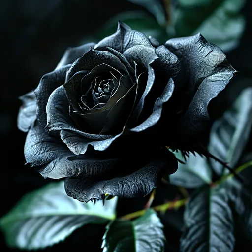 Prompt: (ultra-detailed) black rose, long stem, subtle thorns, vibrant green leaves, iridescent glow highlighting the petals, dramatic shadows accentuating its form, backdrop of soft blurred darkness for contrast, captivating allure and elegance, evocative ambiance, rich textures, exquisite beauty, high quality, 4K