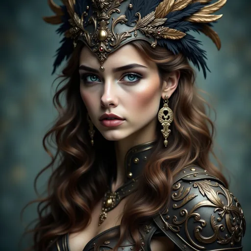 Prompt: This is a highly detailed digital photograph featuring a young woman with a striking, intense gaze. She has fair skin, full lips, and piercing blue eyes. Her long, wavy brown hair cascades down her shoulders, partially obscured by an elaborate, ornate headdress adorned with metallic elements, feathers, and intricate patterns. The headdress, dark and metallic, contrasts with her soft, smooth skin. She wears large, ornate earrings that dangle and catch the light, matching the elaborate, metallic shoulder armor she dons. The armor is adorned with swirling, baroque-style designs, adding a sense of regality and complexity. The background is a blurred, muted teal, which helps to emphasize the subject's detailed features and the metallic textures of her attire. The lighting is soft but directional, highlighting the contours of her face and the textures of her headdress and armor. The overall style of the artwork is hyper-realistic, with a focus on intricate details and textures, giving it a lifelike yet fantastical appearance. The image evokes a sense of mystery and power, with the subject's direct gaze and elaborate, almost otherworldly attire.