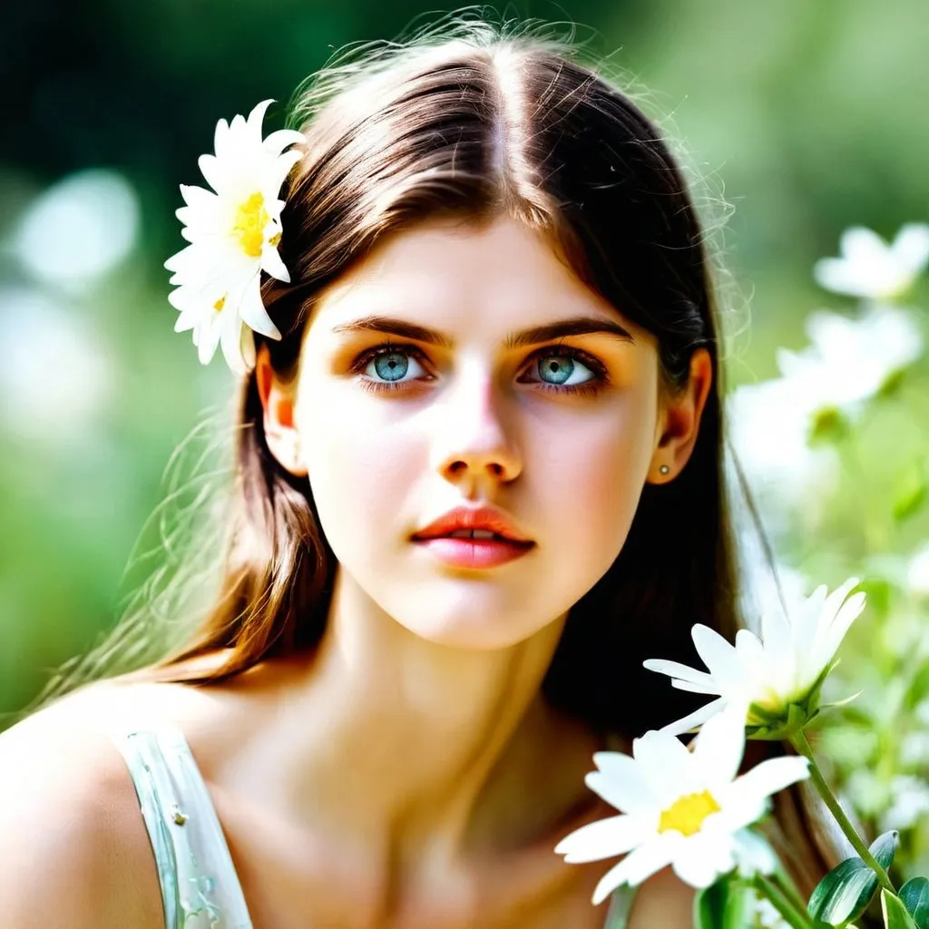 Prompt: Beautiful woman picking a flower, long fair hair, brown eyes, clear tight-fitting sundress, high-res, detailed, pastel colors, realistic, soft lighting, feminine, floral scent, delicate details, natural beauty