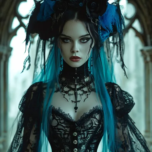 Prompt: (goth woman), adorned in an intricate corset and alluring fishnet stockings, boasts long, flowing hair in striking shades of bright blue and black. The scene is captivatingly dark yet glamorous, with a moody ambiance enriched by muted colors and dramatic shadows. Set against an ethereal backdrop of a dimly lit Gothic architecture, capturing the essence of enchantment, evoking themes of mystery and allure. 4K, ultra-detailed.