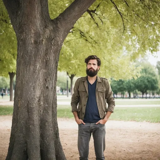 Prompt: a man standing under a tree in a park with his hands in his pockets and a beard in his hair, david rubín, postminimalism, professional photo, a stock photo