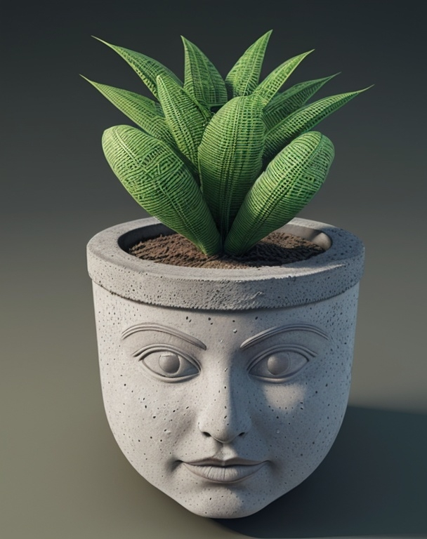 Prompt: a plant in a pot with a face on it's side and a plant in the middle of the pot, Florianne Becker, concrete art, 3 d render, a 3D render

