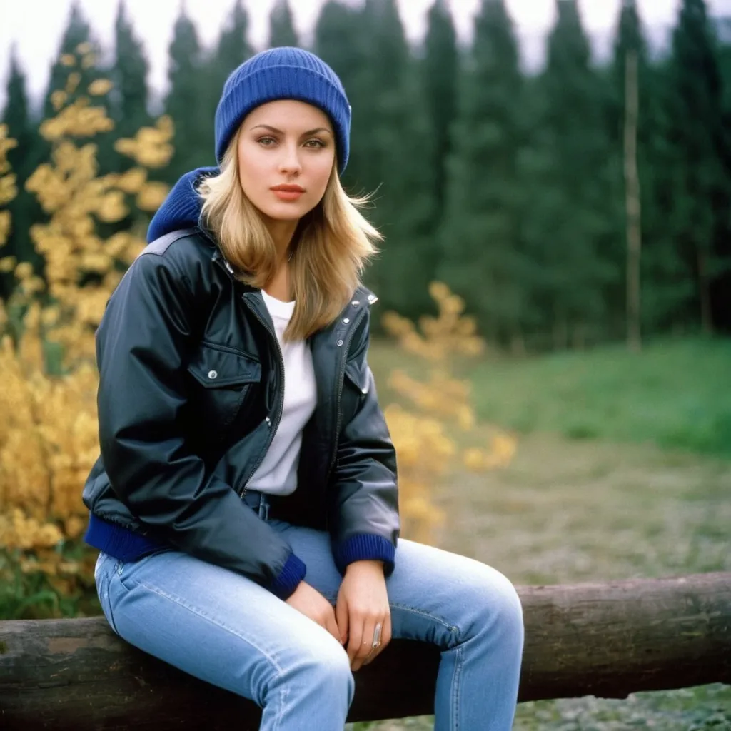 Prompt: write a scene about elena (a pretty russian woman wearing a beanie, outdoor jacket, jeans and heavy timberland boots), 1999 photo