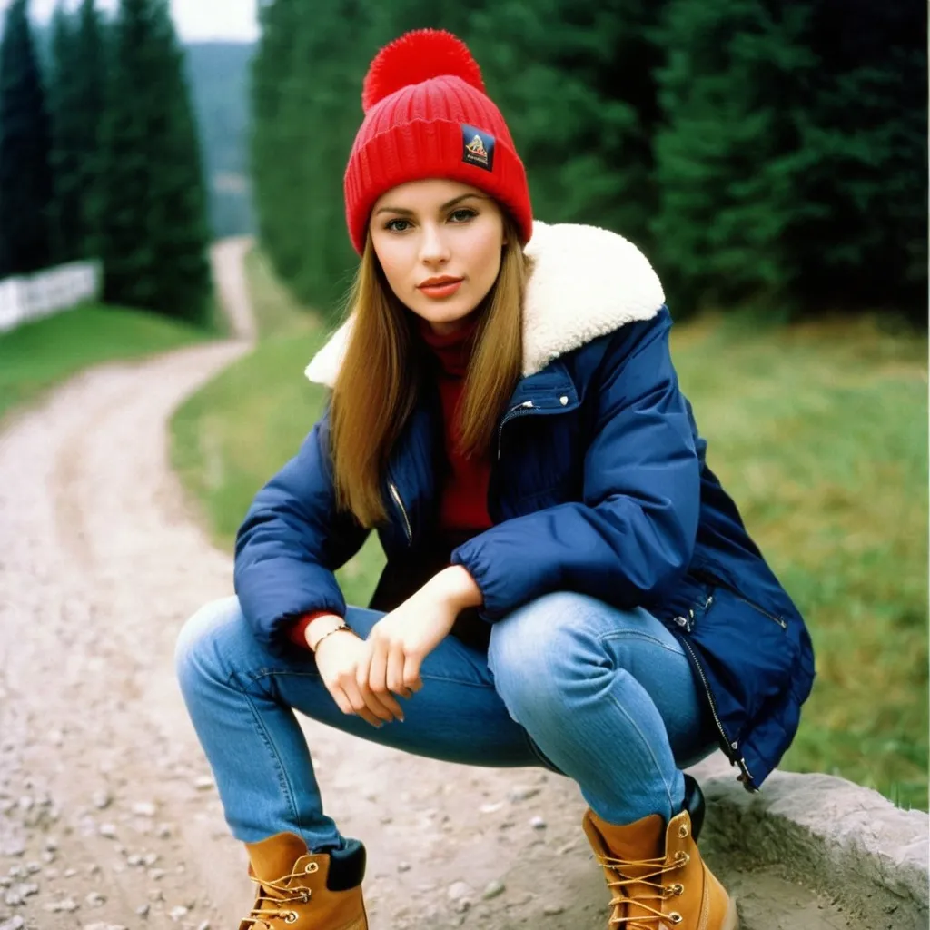 Prompt: write a scene about elena (a pretty russian woman wearing a beanie, outdoor jacket, jeans and heavy timberland boots), 1999 photo