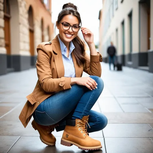 Prompt: write a scene about beautiful brunette ponytail reporter woman, wearing glasses, brown jacket, jeans, thick light brown timberland boots, smiling, ties her laces
