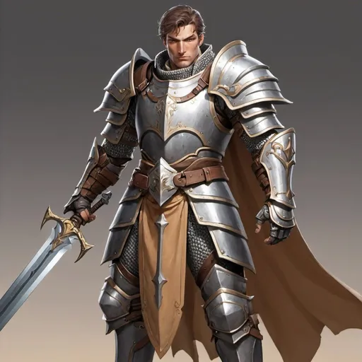 Prompt: Rugged Male Paladin Tan skin Holding two handed Greatsword wearing gray armor