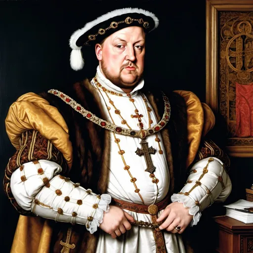 Prompt: Make a painting of Henry VIII King of England inspired by Hans Holbein the younger. Represent him standing next to a desk wearing a rich garment with a cross next to him