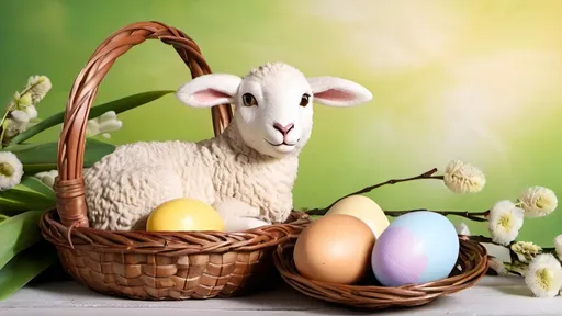 Prompt: easter image with basket of easter eggs, easter lamb, sprigs of catkins and background for wishes without wishes and any text