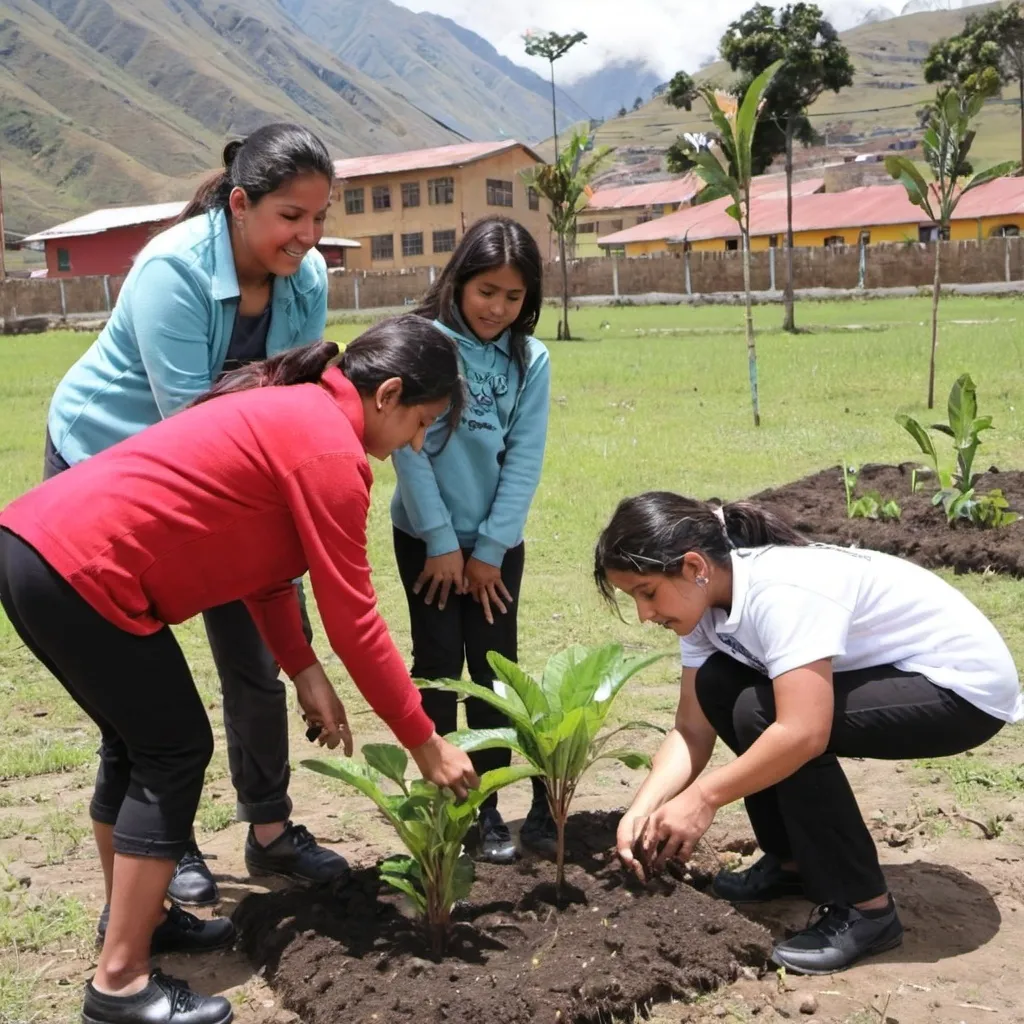 Prompt: peruvian teacher and students planting