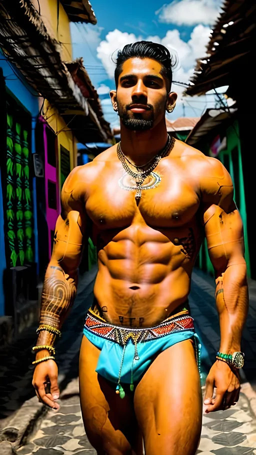 Prompt: In the heart of Salvador's bustling streets, a lone Brazilian raver moves with hypnotic grace, his muscular chest adorned with tribal tattoos that speak of ancient rituals and strong passion. With each commanding sway of his torso, he exudes an air of hyper masculinity and dominant allure, drawing the gaze of admirers with his magnetic presence. The photography captures the undeniable magnetism and sleazy energy of Brazil's Carnival culture, where every movement is a tantalizing invitation to indulge in sweaty activities. Photographer: Ana Silva. Lens: 35mm. Type: prime. Angle: medium. Filter: vibrant. Time: afternoon. Season: spring.