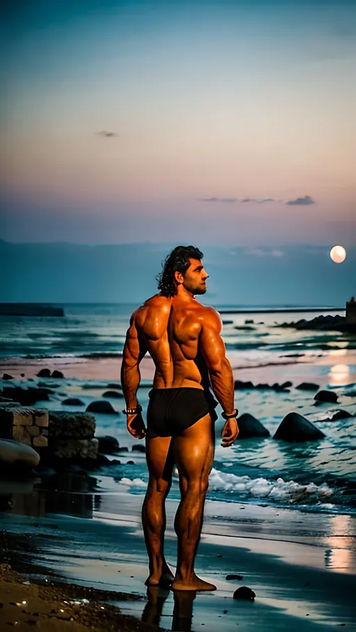 Prompt: Against the backdrop of the ancient ruins of Tartus, a solitary figure stands on the deserted beach, his muscular physique glistening with seawater under the soft glow of the moon. With the remnants of a fishing net draped casually over his shoulder, he exudes a sense of quiet confidence and rugged charm that speaks to the timeless allure of Syrian coastal culture. The photography captures the rugged beauty of the Syrian coastline and the stoic masculinity of its inhabitants, offering a glimpse into the soul of a nation shaped by centuries of maritime tradition. Photographer: Fatima Abbas. Lens: 35mm. Type: prime. Angle: medium. Filter: noir. Time: night. Season: spring.