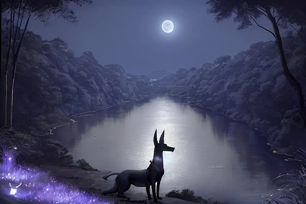 Prompt: The tranquil banks of the Nile River, where the jackal-headed Anubis stands sentinel over a burial procession, under the shimmering light of a full moon. Serene, ethereal, spiritual, nocturnal, reverent. Ramses Khalifa. Telephoto. Overlooking the riverbank from a slight elevation. Monochrome with a hint of blue. Midnight. Spring.