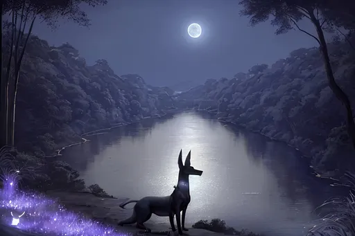 Prompt: The tranquil banks of the Nile River, where the jackal-headed Anubis stands sentinel over a burial procession, under the shimmering light of a full moon. Serene, ethereal, spiritual, nocturnal, reverent. Ramses Khalifa. Telephoto. Overlooking the riverbank from a slight elevation. Monochrome with a hint of blue. Midnight. Spring.