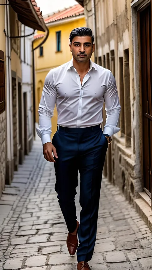Prompt: Amidst the historic streets of Plovdiv's Old Town, a debonair Bulgarian gentleman strolls with effortless confidence, his tailored shirt unbuttoned to reveal a hint of his sculpted chest. With the ancient architecture as his backdrop, he exudes a timeless sense of masculine elegance that speaks to the heritage of Bulgarian high society. The gritty and pristine photography captures the allure of old-world charm mingled with the refinement of contemporary luxury fashion. Photographer: Dimitar Georgiev. Lens: 24mm. Type: wide-angle. Angle: high. Filter: vintage. Time: evening. Season: spring.