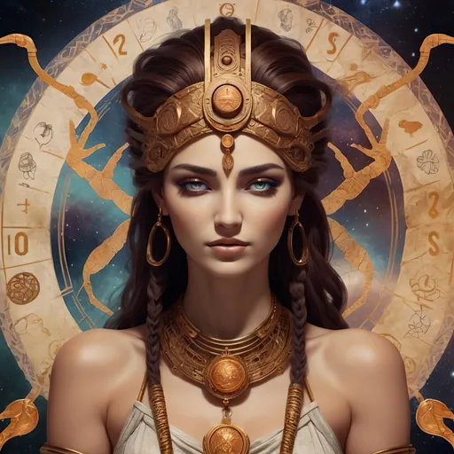 Prompt: In the year -3000BC, Scorpio goddess encompassing a intricate domain with Tarot inspired overtones and blending of retro energies and artistic 2D textures, detailed animation captivating high definition capturing glamorous emotions