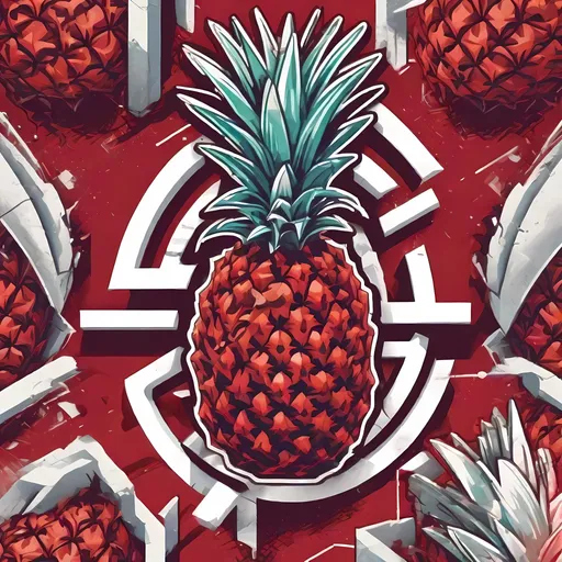 Prompt: an isometric high-contrast logo that depicts a single pineapple as the image's subject, each layer and component of the subject drawn in high detail, colorful technical blueprint design, plain white background with a splash of red, concept art pop style, high detail