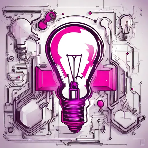 Prompt: an isometric high-contrast logo that depicts a lightbulb as the image's subject, each layer and component of the subject drawn in high detail, colorful technical blueprint design, plain background with a splash of fuchsia, concept art pop style, high detail