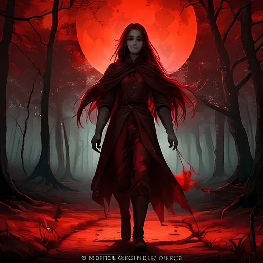 Prompt: walking through an enchanted forest, the winds sweeping through as the blood-red moon haunts the skies above a lone character looks into the light and becomes one with the spirit