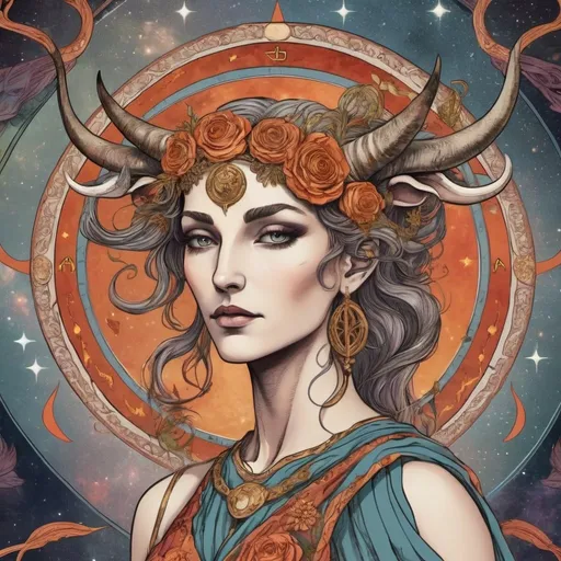 Prompt: In the year 50BC, Taurus goddess encompassing a intricate domain with Tarot inspired overtones and blending of hand-drawn energies and artistic 2D textures, detailed animation captivating high definition capturing glamorous emotions and mysticism