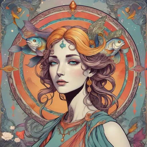Prompt: In the year 4025, Pisces goddess encompassing a intricate domain with Tarot inspired overtones and blending of hand-drawn energies and artistic 2D textures, detailed animation captivating high definition capturing glamorous emotions and mystery
