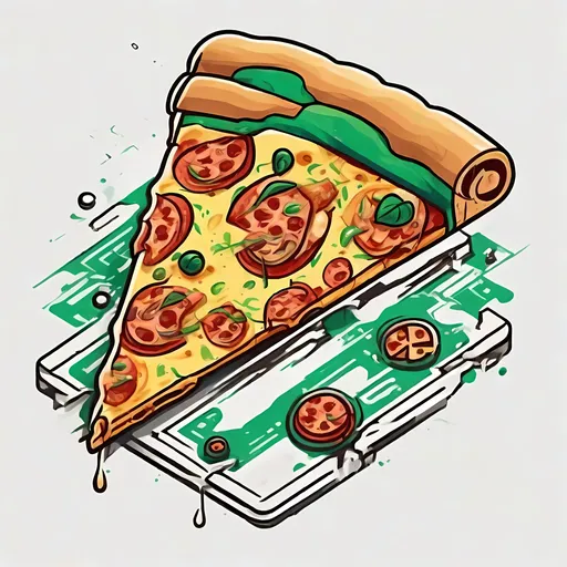 Prompt: an isometric high-contrast logo that depicts a single piece of pizza as the image's subject, each layer and component of the subject drawn in high detail, colorful technical blueprint design, plain white background with a splash of green, concept art pop style, high detail