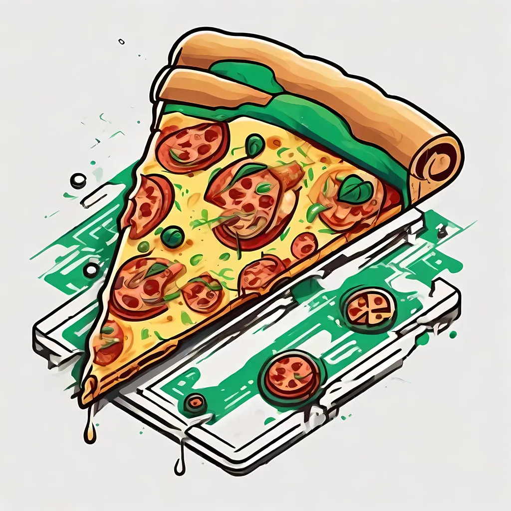 Prompt: an isometric high-contrast logo that depicts a single piece of pizza as the image's subject, each layer and component of the subject drawn in high detail, colorful technical blueprint design, plain white background with a splash of green, concept art pop style, high detail