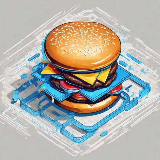 Prompt: an isometric high-contrast logo that depicts a single hamburger as the image's subject, each layer and component of the subject drawn in high detail, colorful technical blueprint design, plain white background with a splash of blue, concept art pop style, high detail