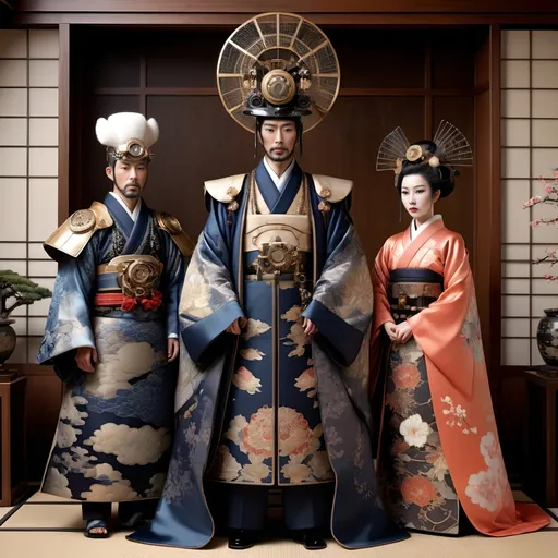 Prompt: A Japanese imperial court, exquisitely and traditionally decorated in a way that conveys timeless luxury and deep spirituality, the imperial emperor welcomes a mysterious lord from a distant land clad in a clothing and style of fashion that is futuristic and ethereal evoking steampunk and high Renaissance time traveler vibes, in the Edo style mixed with contemporary realism, 3:2 ratio, high detail, high style, mashup