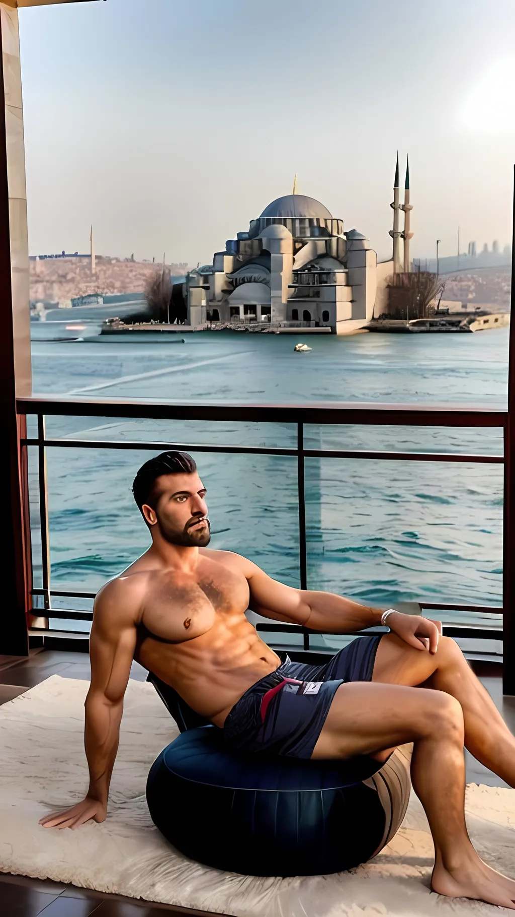 Prompt: Against the backdrop of Istanbul's modern skyline, a ruggedly handsome man reclines on a luxurious Ottoman-style divan, his toned physique on full display as he lounges in the opulent setting of a traditional Turkish bathhouse. With a smoldering gaze and an air of effortless confidence, he exudes an aura of rough masculine allure that transcends time and place. The scandalous photography captures the fusion of ancient tradition and contemporary sensuality, inviting viewers to indulge in the forbidden pleasures of the East. Photographer: Aydin Kaya. 