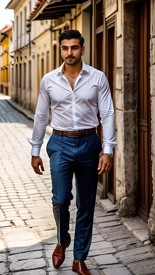 Prompt: Amidst the historic streets of Plovdiv's Old Town, a debonair Bulgarian gentleman strolls with effortless confidence, his tailored shirt unbuttoned to reveal a hint of his sculpted chest. With the ancient architecture as his backdrop, he exudes a timeless sense of masculine elegance that speaks to the heritage of Bulgarian high society. The gritty and pristine photography captures the allure of old-world charm mingled with the refinement of contemporary luxury fashion. Photographer: Dimitar Georgiev. Lens: 24mm. Type: wide-angle. Angle: high. Filter: vintage. Time: evening. Season: spring.