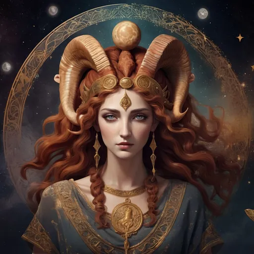 Prompt: In the year 1650BC, Aries goddess encompassing a intricate domain with Tarot inspired overtones and blending of hand-drawn energies and artistic 2D textures, detailed animation captivating high definition capturing glamorous emotions and mystery