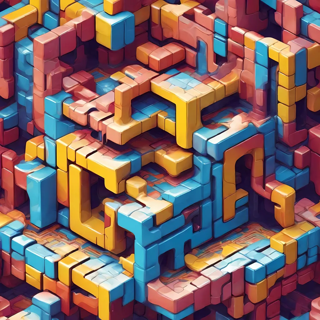 Prompt: a 3 dimensional rubiks cube like structure with a liquid-like texture that is a multilayered labyrinth with stairs arches and tunnels and criss-crossing paths, isometric view, comic book art, colourful logo design, fantasy art