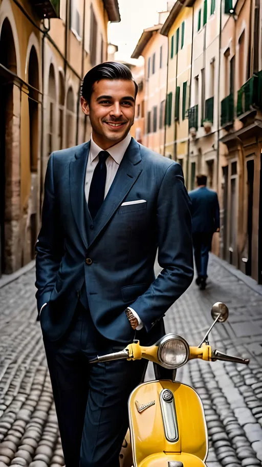 Prompt: Amidst the charming cobblestone streets of 1960s Rome, a dashing Italian gentleman leans against a vintage Vespa, his tailored suit impeccably styled and his charismatic smile exuding timeless allure. The hyper-realistic portrayal captures every detail of his suave demeanor, evoking the spirit of la dolce vita in the bustling heart of the Italian capital. Photographer: Sofia Bianchi. Lens: 50mm. Type: prime. Angle: low. Filter: vintage. Time: afternoon. Season: spring.