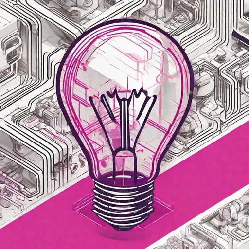 Prompt: an isometric high-contrast logo that depicts a lightbulb as the image's subject, each layer and component of the subject drawn in high detail, colorful technical blueprint design, plain white background with a splash of fuchsia, concept art pop style, high detail