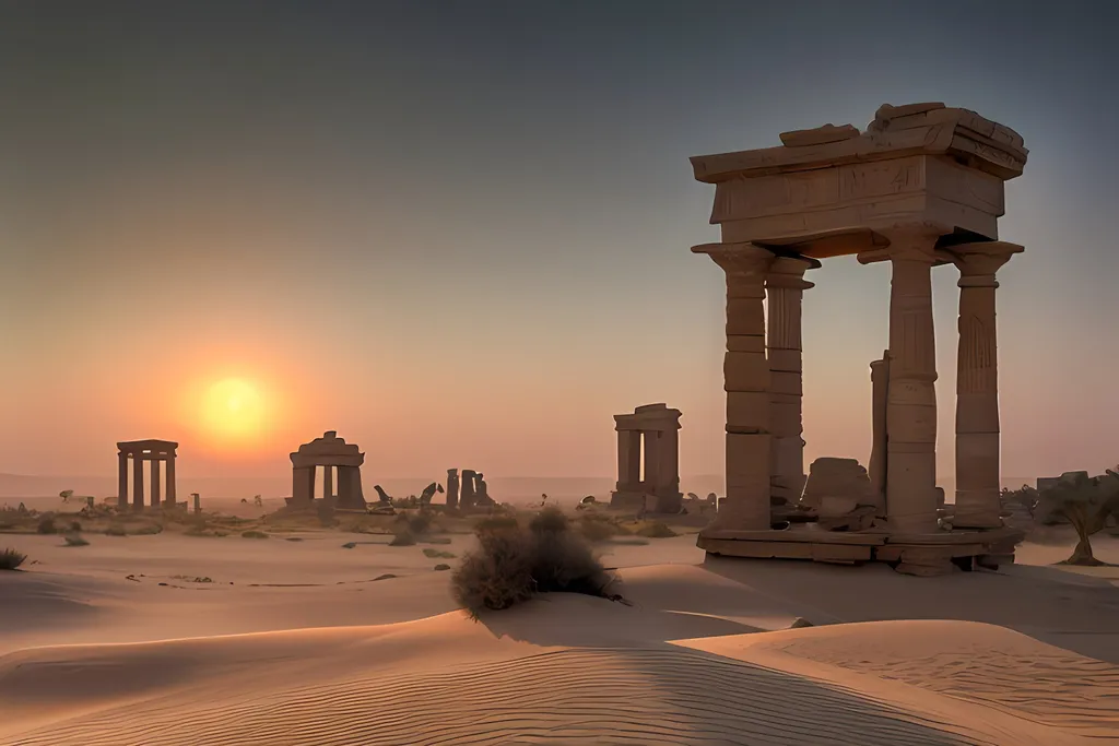 Prompt: The expansive desert sands stretching to the horizon, where the ibis-headed Thoth stands in silent contemplation, surrounded by ancient ruins of forgotten civilizations, bathed in the soft light of dawn. Solitary, introspective, vast, ancient, tranquil. Akhenaten Farouk. Ultra-wide angle. Close-up of Thoth amidst the ruins. Soft and diffused. Sunrise. Winter.