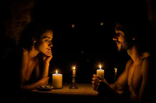 Prompt: Candlelit dinner for two in a rustic Spanish villa reminiscent of Paolo Roversi with a resemblance to Apolo Fire and Sir Peter, romantic, tender, enchanting, rough, affectionate, 85mm lens, mid angle, evening, soft focus filter, gazing.