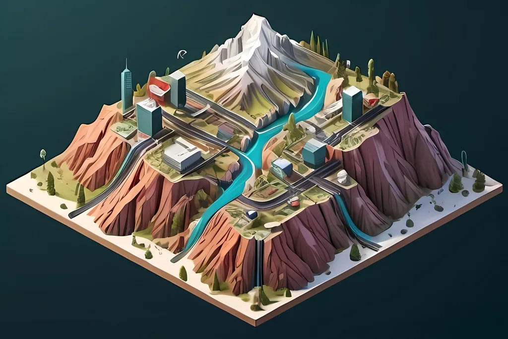 Prompt: isometrical, high detail videogame-like depiction of a mountainous urban miniature world, multiple layers and slices overlaid on top of each other showing how everything connects together, logo style on plain background, artistic and creative high detail style